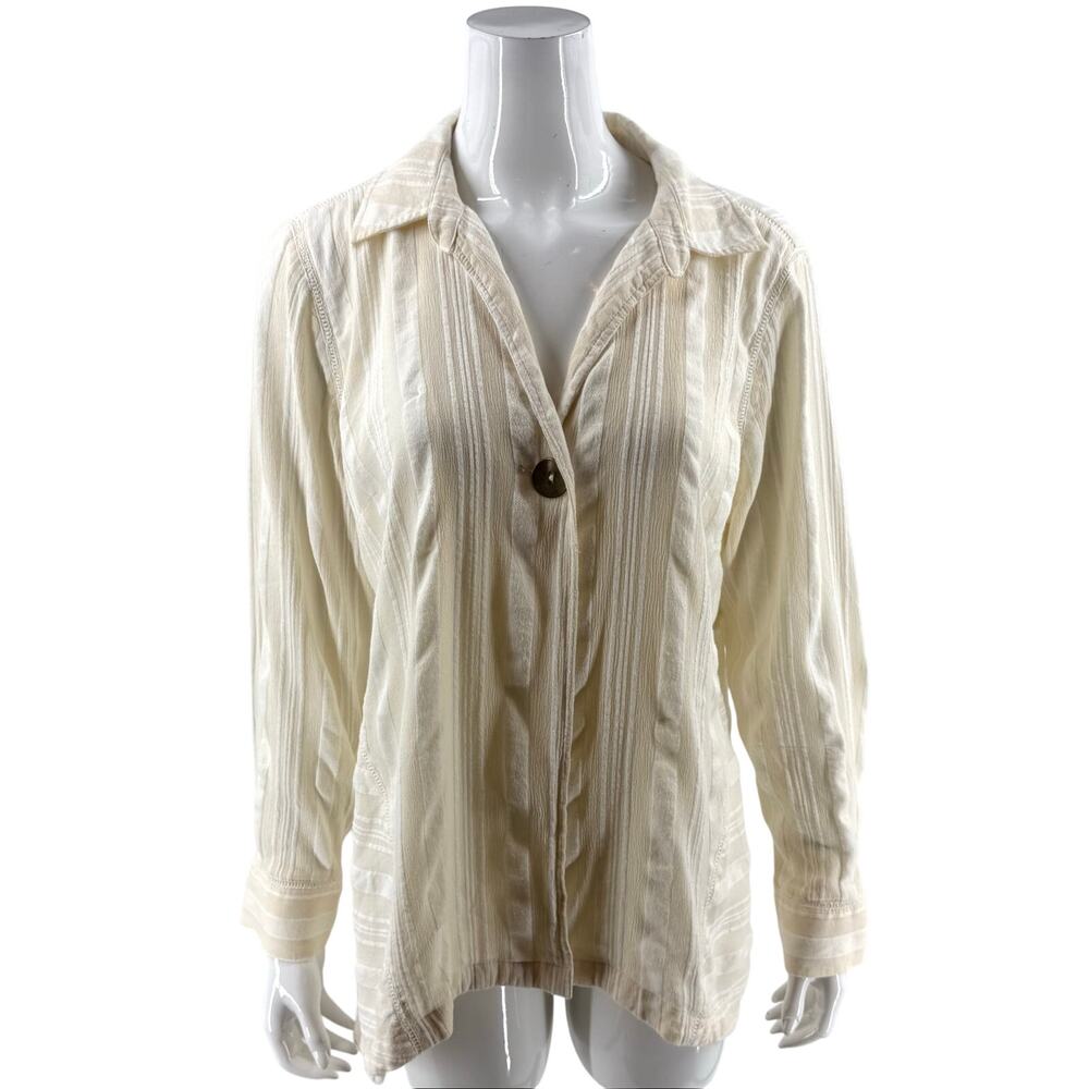Soft Surroundings Womens Tunic Top Size Large Pale Yellow Cream Striped Snap Up